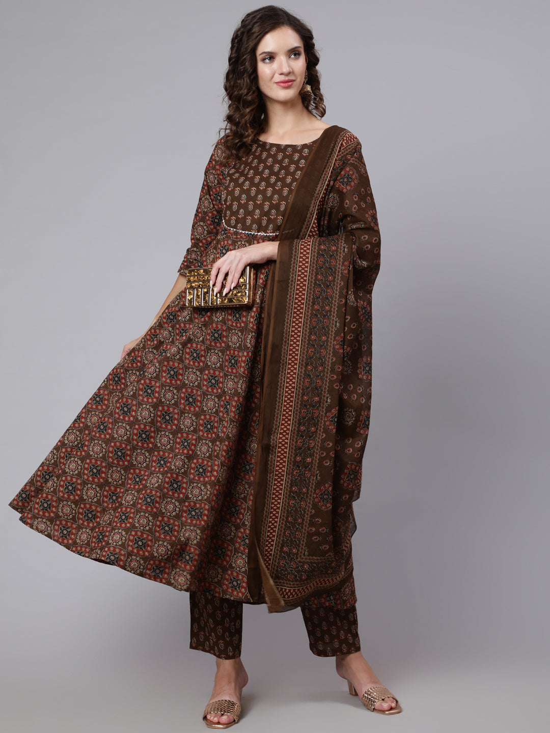 Brown Ethnic Printed Straight Kurta And Palazzo With Palazzo