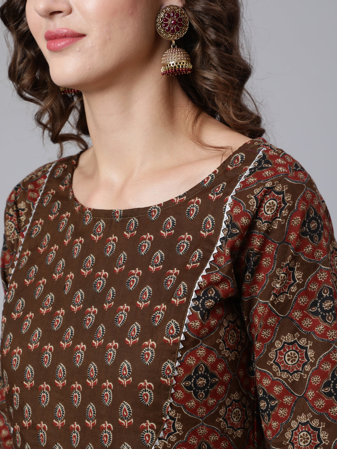 Brown Ethnic Printed Straight Kurta And Palazzo With Palazzo