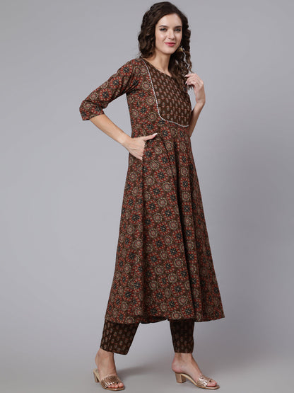 Brown Ethnic Printed Straight Kurta And Palazzo With Palazzo