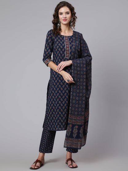 Blue Ethnic Printed Kurta With Trouser And Dupatta