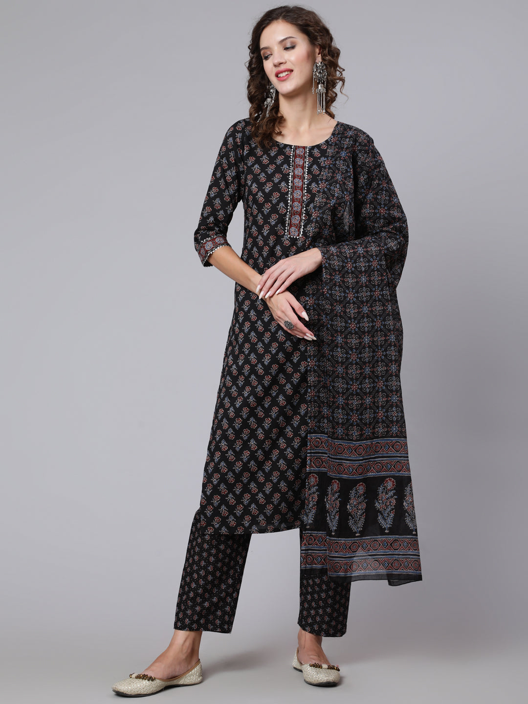 Black Ethnic Printed Kurta With Trouser And Dupatta