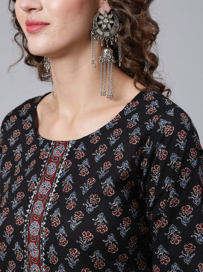 Black Ethnic Printed Kurta With Trouser And Dupatta