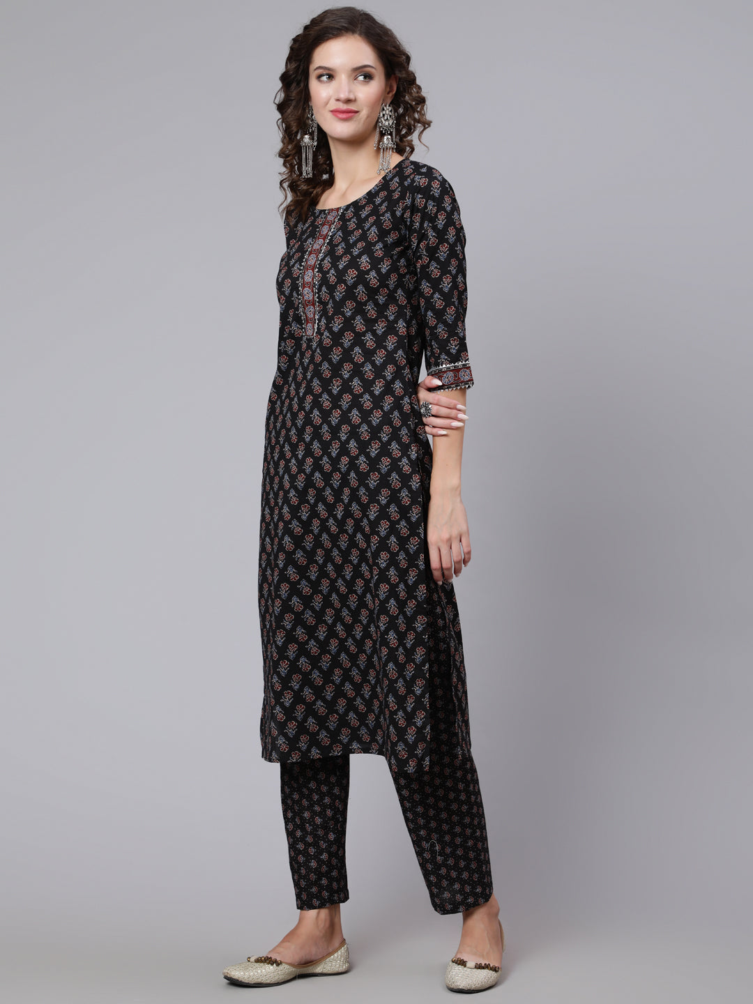 Black Ethnic Printed Kurta With Trouser And Dupatta