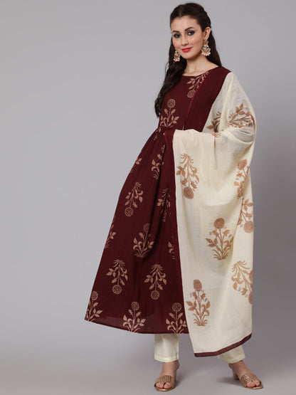 Brown Ethnic Printed Kurta With Palazzo And Dupatta