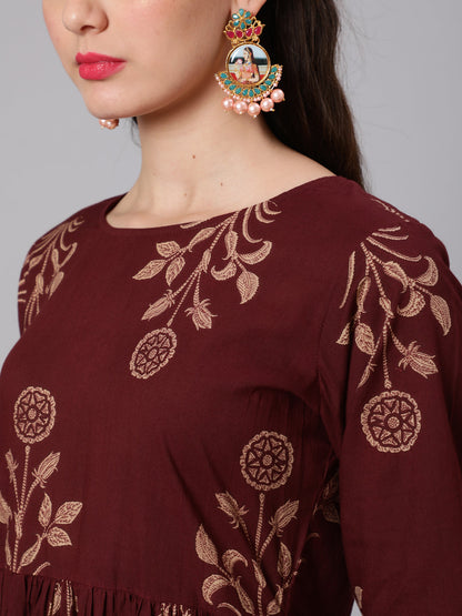 Brown Ethnic Printed Kurta With Palazzo And Dupatta