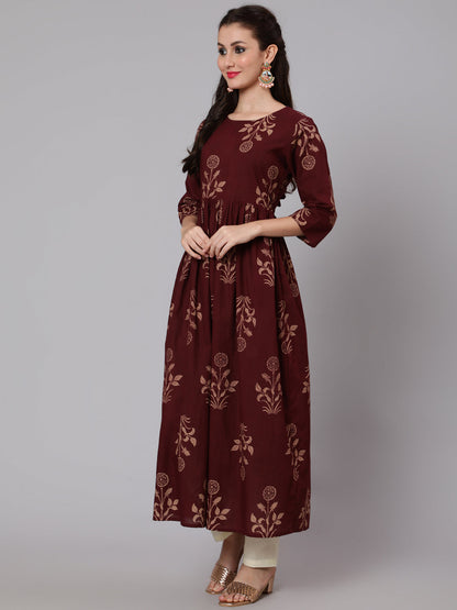 Brown Ethnic Printed Kurta With Palazzo And Dupatta