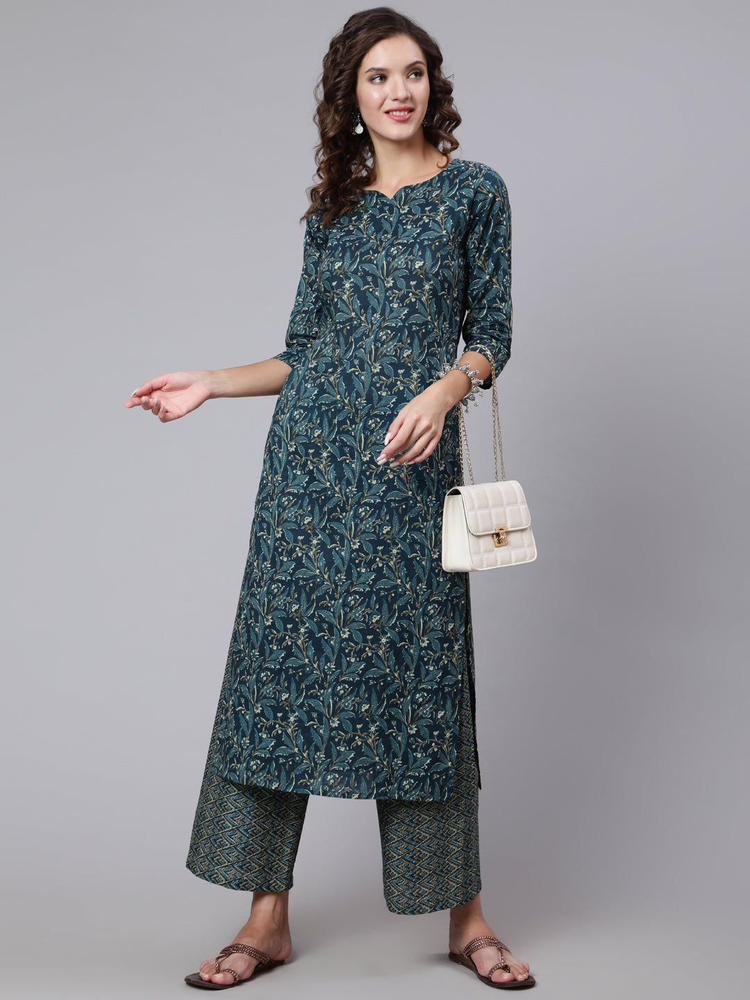 Teal Blue Printed Ethnic Kurta With Palazzo