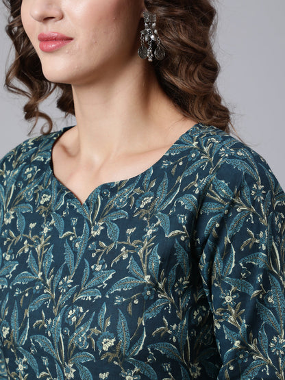 Teal Blue Printed Ethnic Kurta With Palazzo