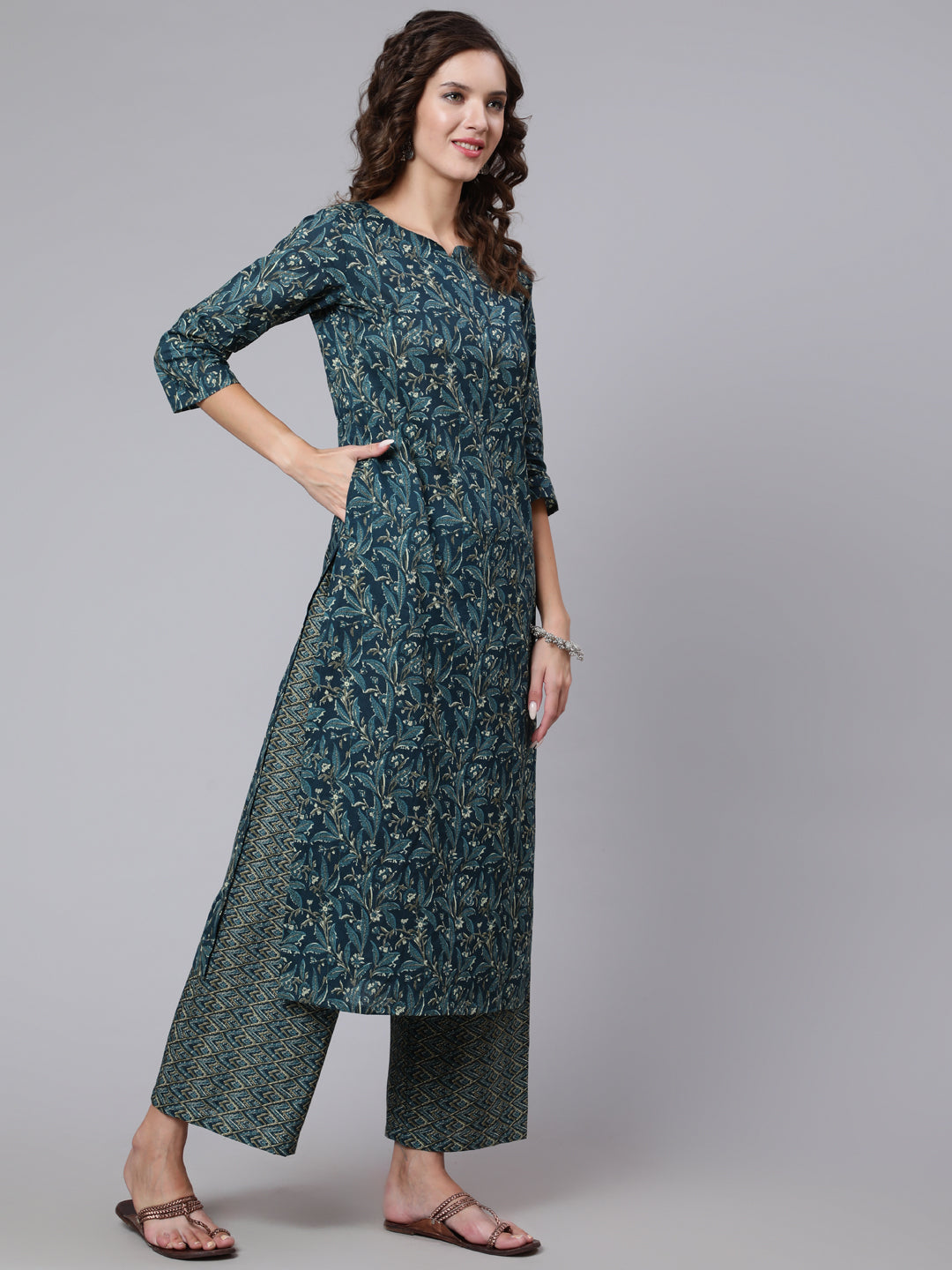 Teal Blue Printed Ethnic Kurta With Palazzo