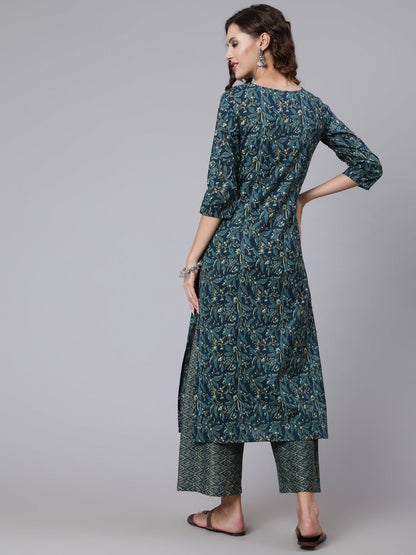 Teal Blue Printed Ethnic Kurta With Palazzo