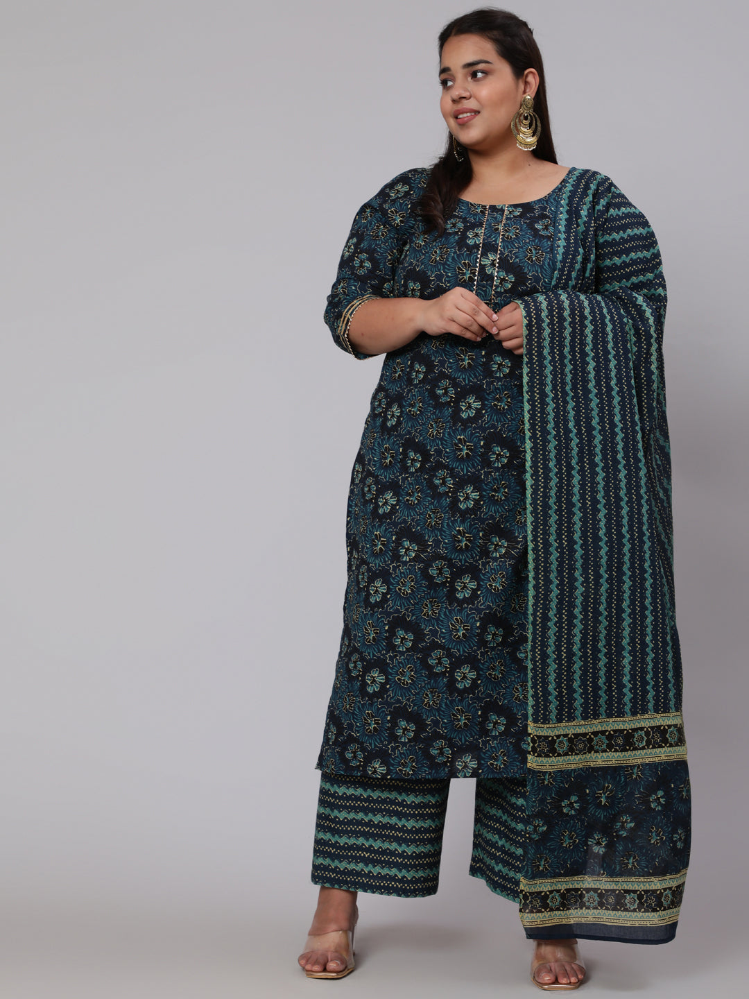 Plus Size Blue floral Printed Kurta And Palazzo With Dupatta