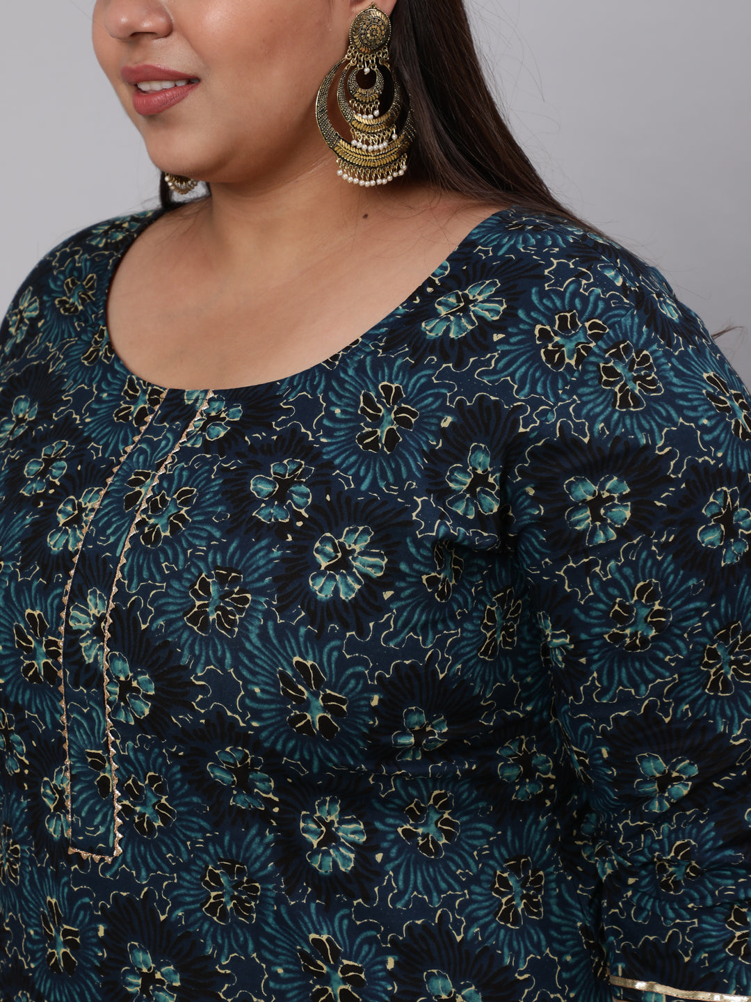 Plus Size Blue floral Printed Kurta And Palazzo With Dupatta