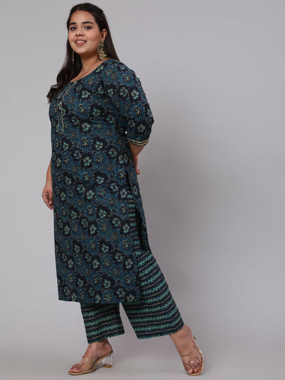 Plus Size Blue floral Printed Kurta And Palazzo With Dupatta