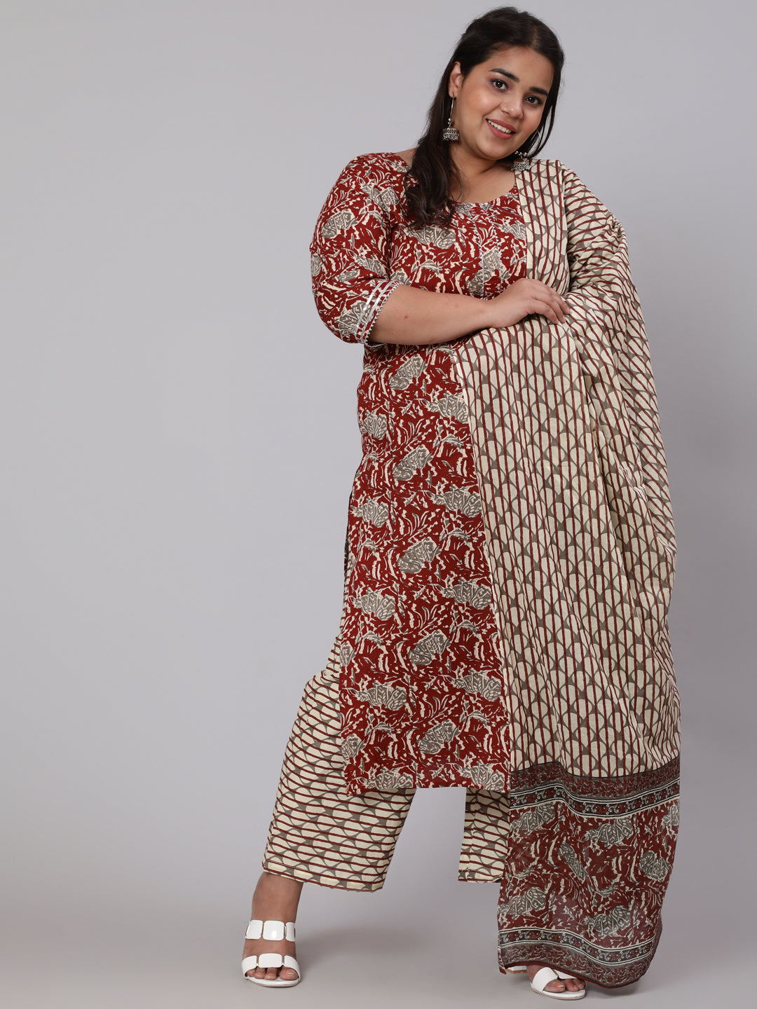 Plus Size Maroon Ethnic Printed Kurta And Palazzo With Dupatta