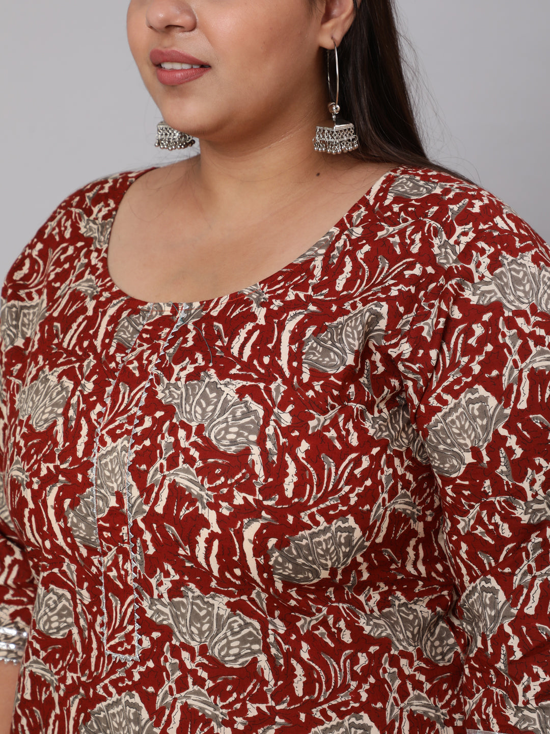 Plus Size Maroon Ethnic Printed Kurta And Palazzo With Dupatta