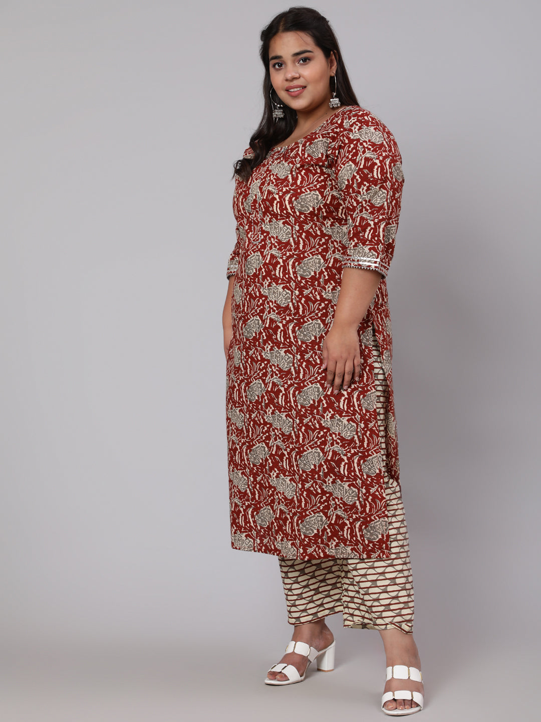 Plus Size Maroon Ethnic Printed Kurta And Palazzo With Dupatta