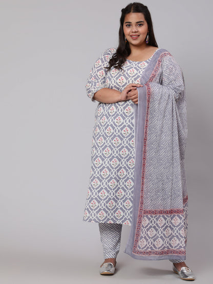 Plus Size Grey Ethnic Printed Kurta And Palazzo With Dupatta