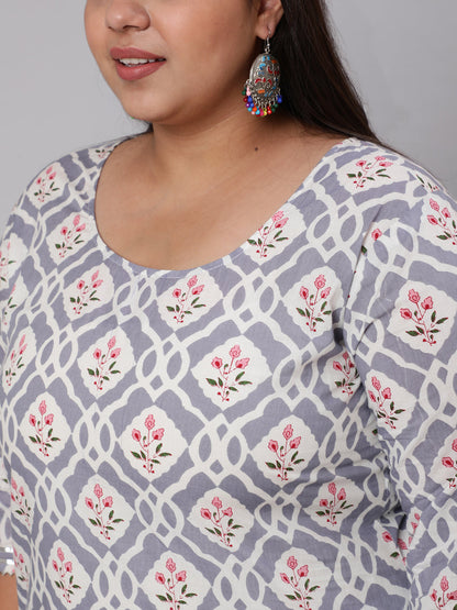 Plus Size Grey Ethnic Printed Kurta And Palazzo With Dupatta