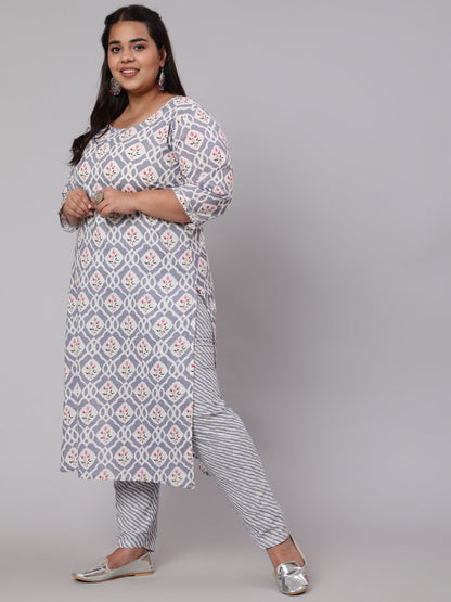 Plus Size Grey Ethnic Printed Kurta And Palazzo With Dupatta