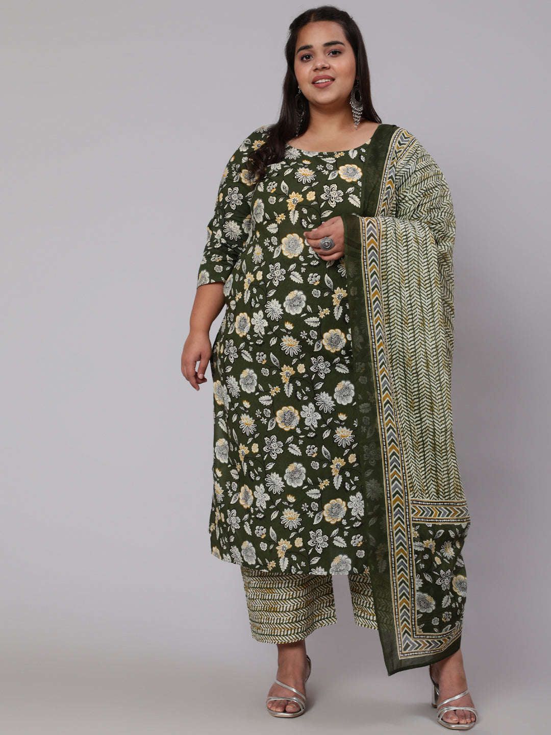 Plus Size Green Floral Printed Kurta And Palazzo With Dupatta