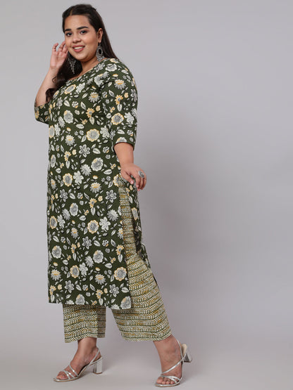 Plus Size Green Floral Printed Kurta And Palazzo With Dupatta