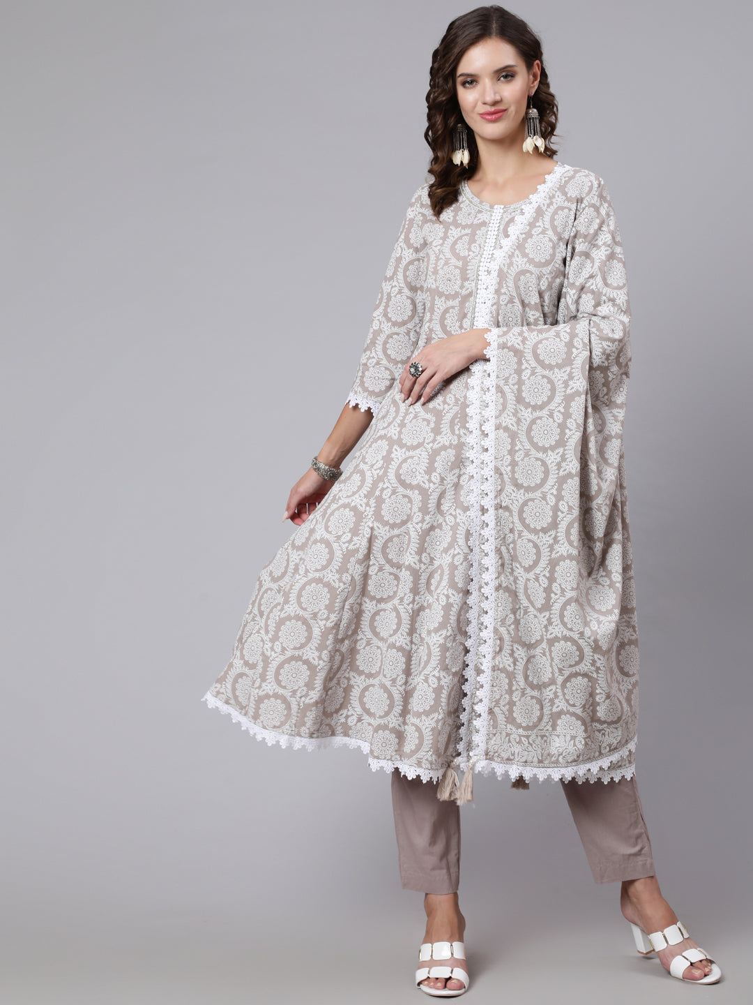 Grey Ethnic Printed Flared Kurta With Trouser And Dupatta