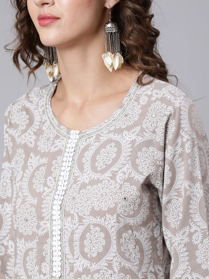 Grey Ethnic Printed Flared Kurta With Trouser And Dupatta