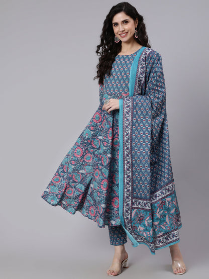 Blue Printed Flared Kurta With Trouser & Dupatta