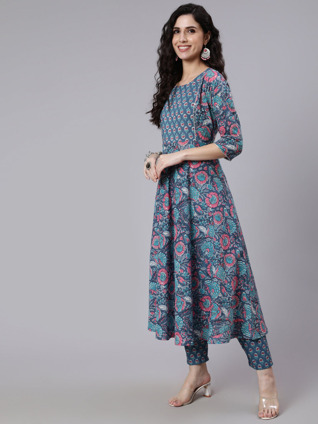 Blue Printed Flared Kurta With Trouser & Dupatta