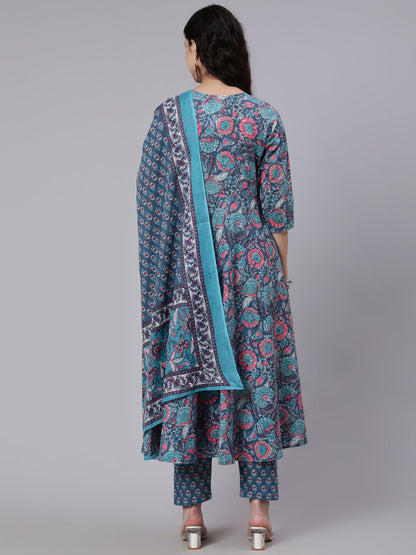 Blue Printed Flared Kurta With Trouser & Dupatta