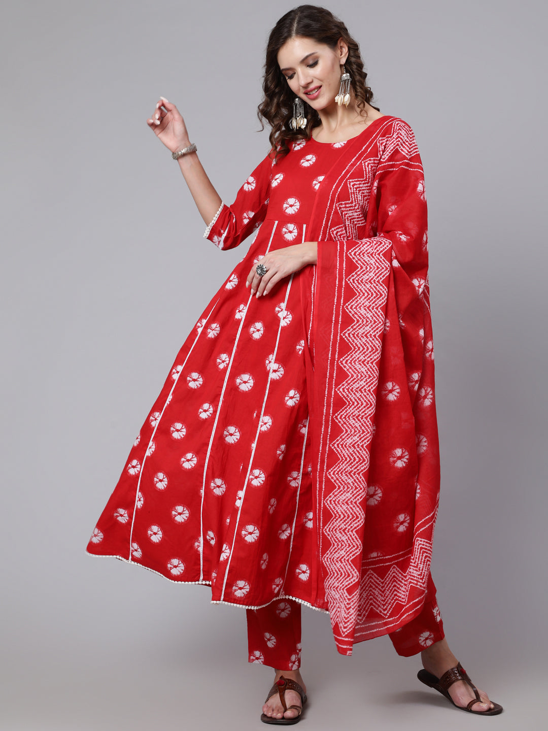 Red Dyed Printed Kurta And Trouser With Dupatta