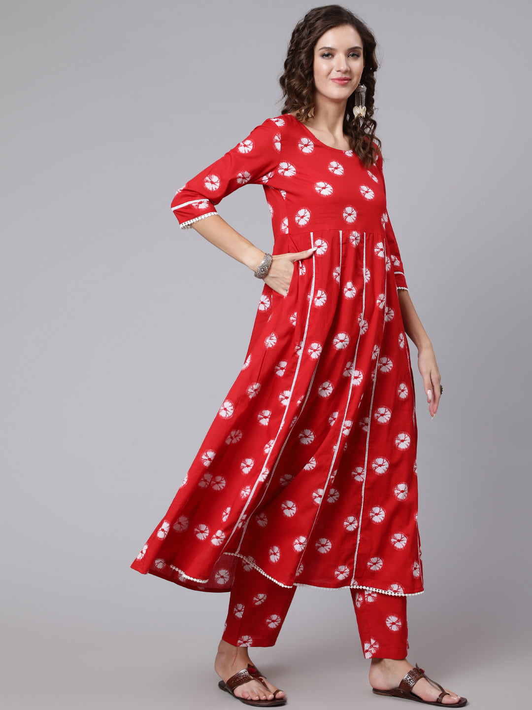 Red Dyed Printed Kurta And Trouser With Dupatta