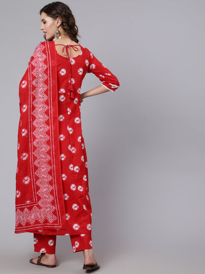 Red Dyed Printed Kurta And Trouser With Dupatta