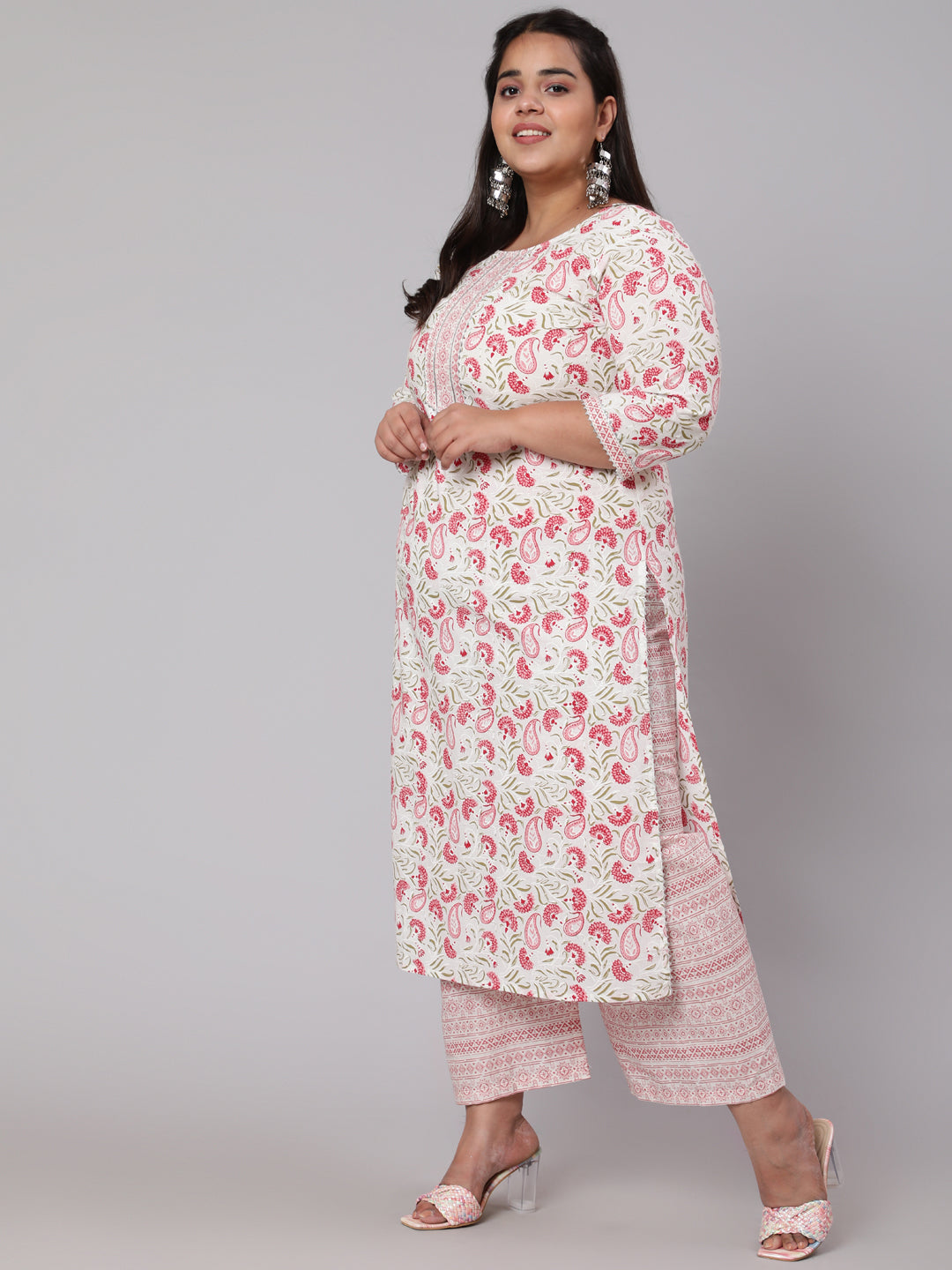 Plus Size Pink Printed Kurta And Palazzo With Dupatta