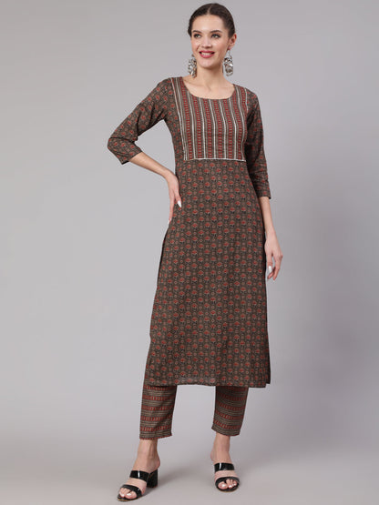 Taupe Ethnic Printed Straight Kurta With Trouser