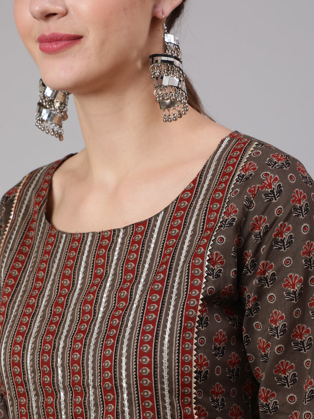 Taupe Ethnic Printed Straight Kurta With Trouser