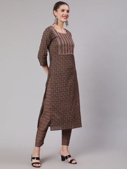 Taupe Ethnic Printed Straight Kurta With Trouser