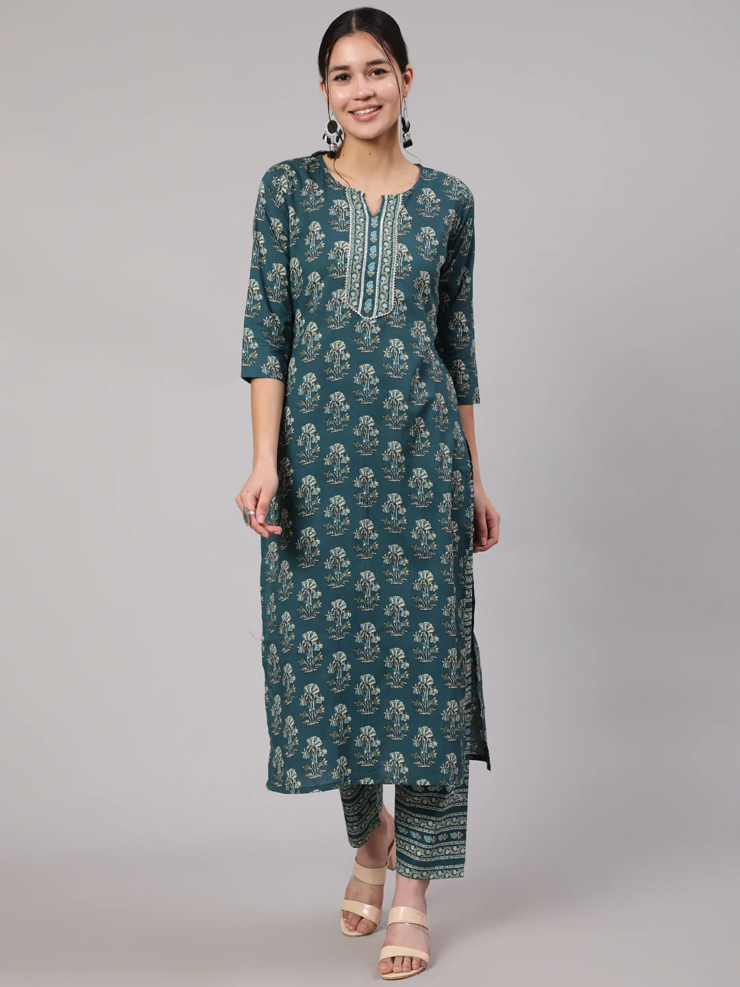 Teal Blue Printed Straight Kurta With Trouser