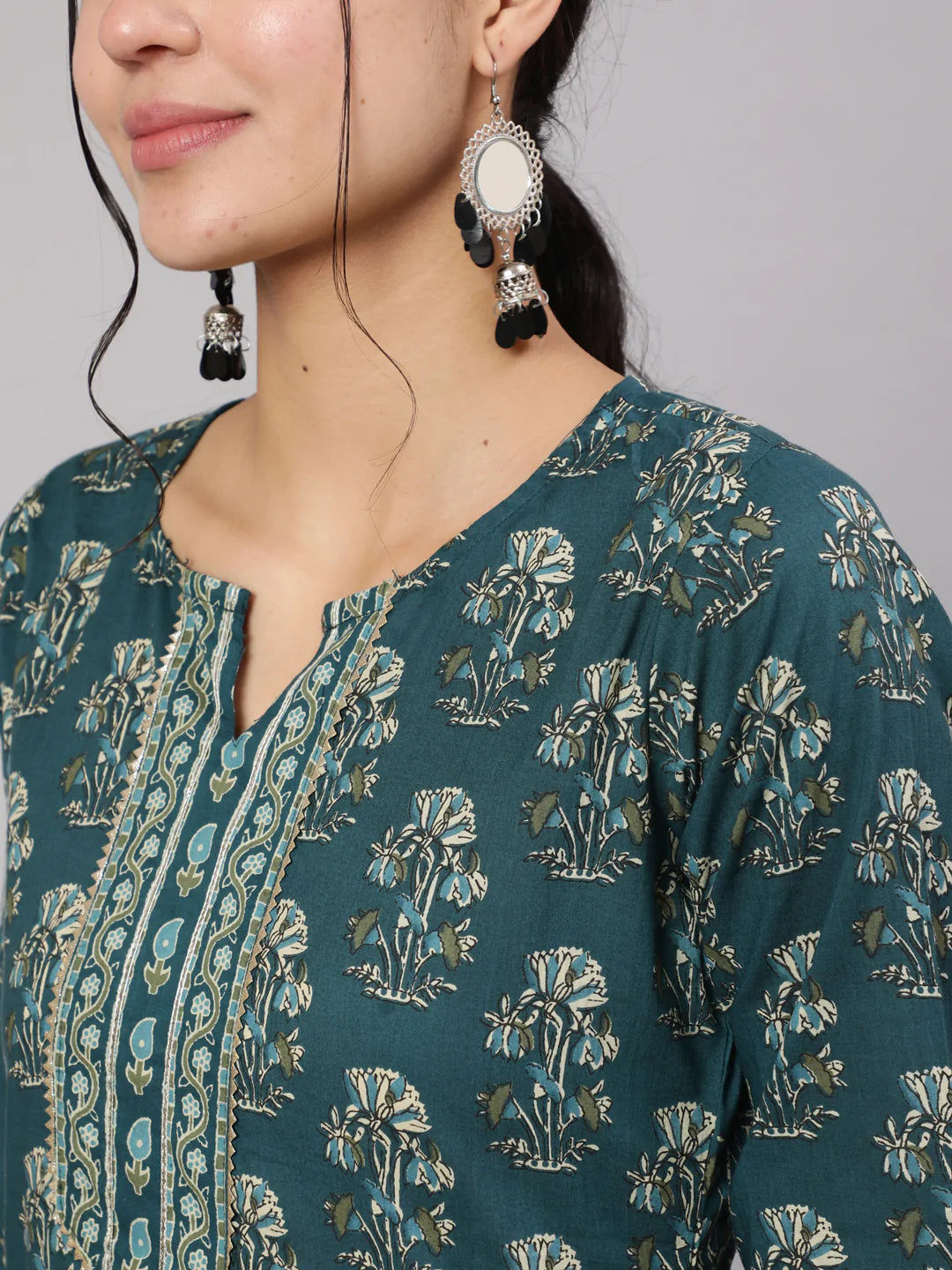 Teal Blue Printed Straight Kurta With Trouser