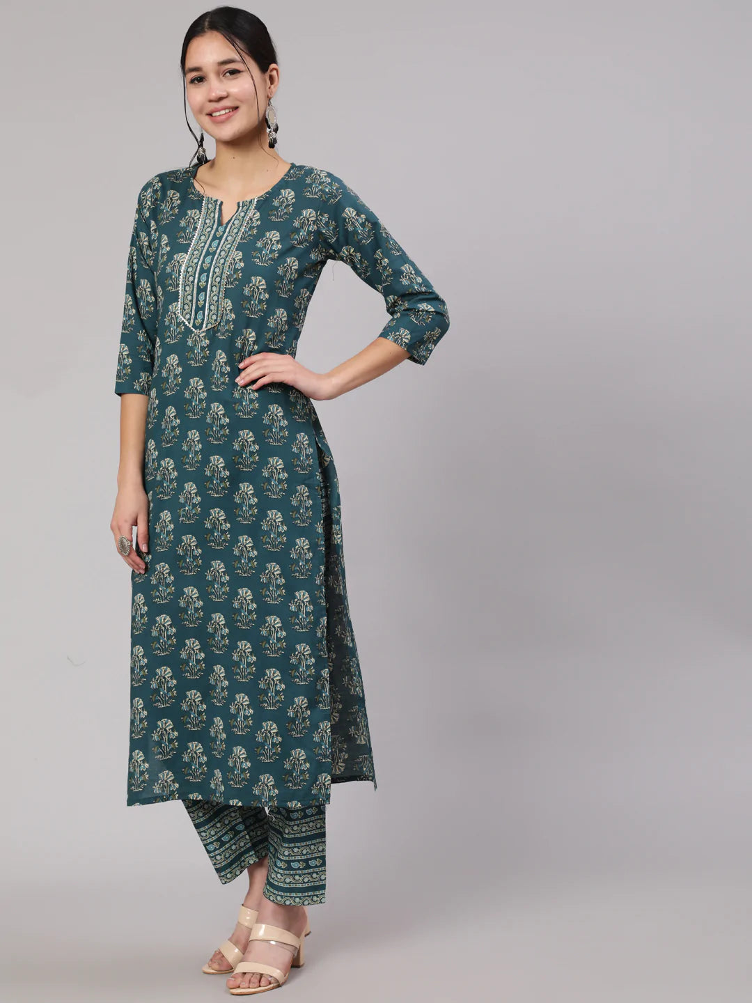 Teal Blue Printed Straight Kurta With Trouser