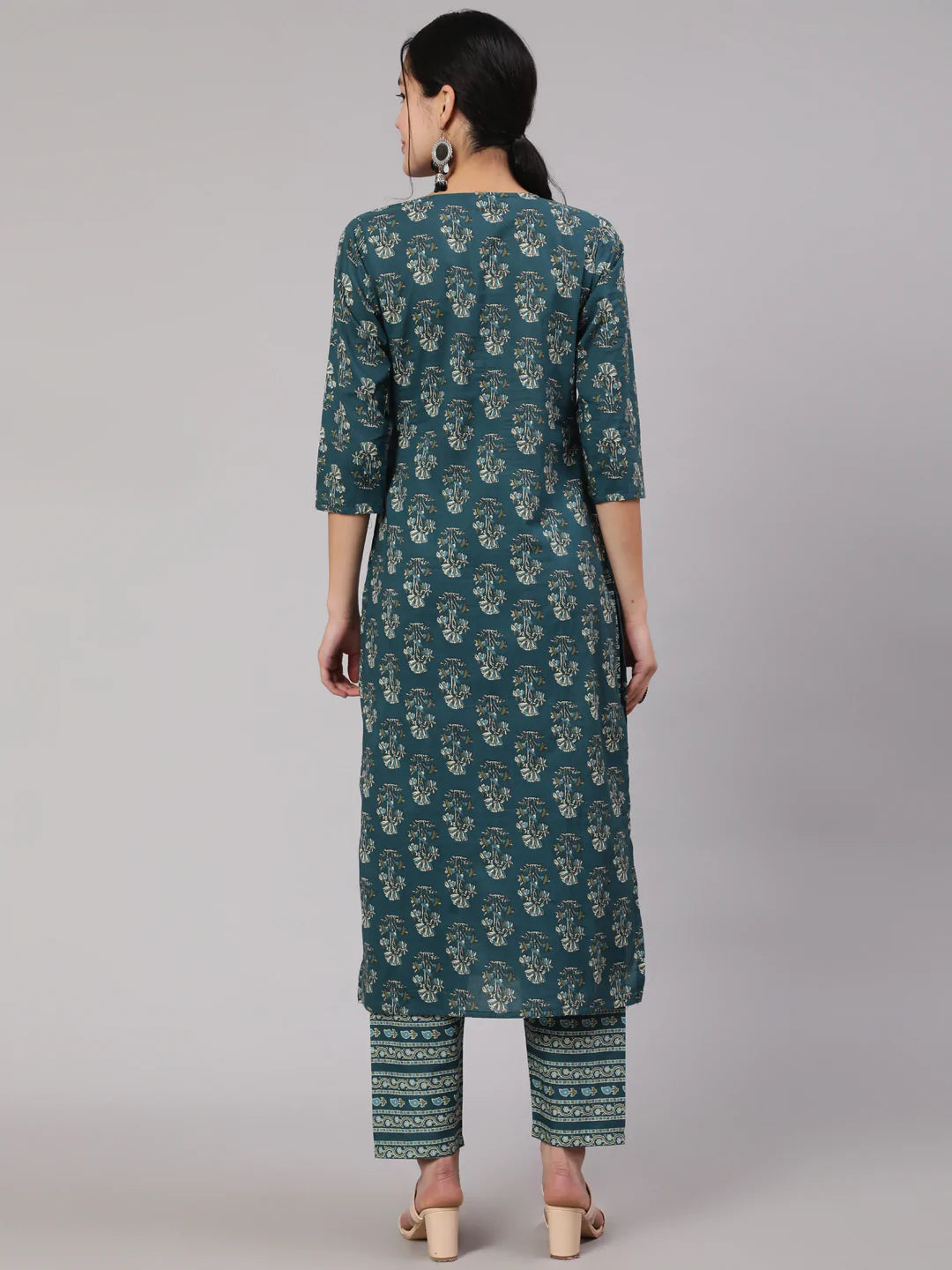 Teal Blue Printed Straight Kurta With Trouser