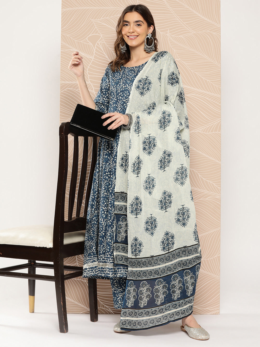 Blue Printed Flared Kurta And Trouser With Dupatta