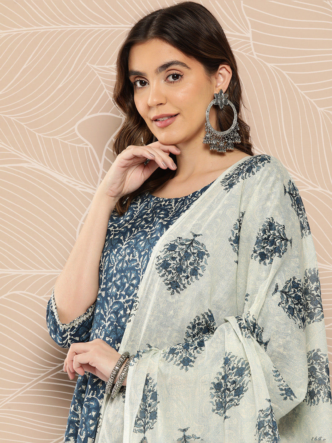 Blue Printed Flared Kurta And Trouser With Dupatta