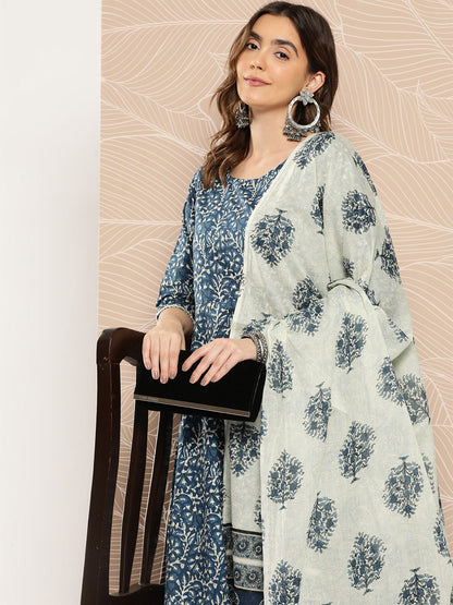 Blue Printed Flared Kurta And Trouser With Dupatta