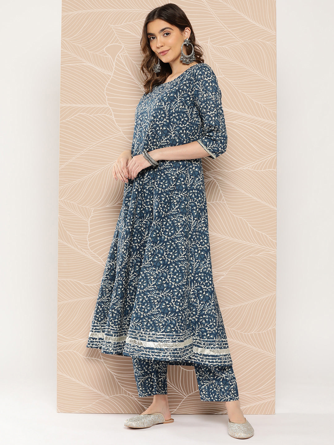 Blue Printed Flared Kurta And Trouser With Dupatta