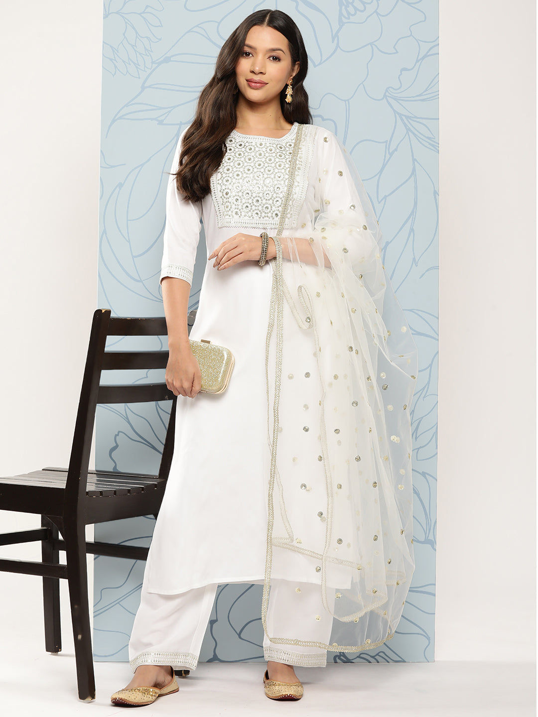 White Embroidered Straight Kurta With Palazzo And Net Dupatta