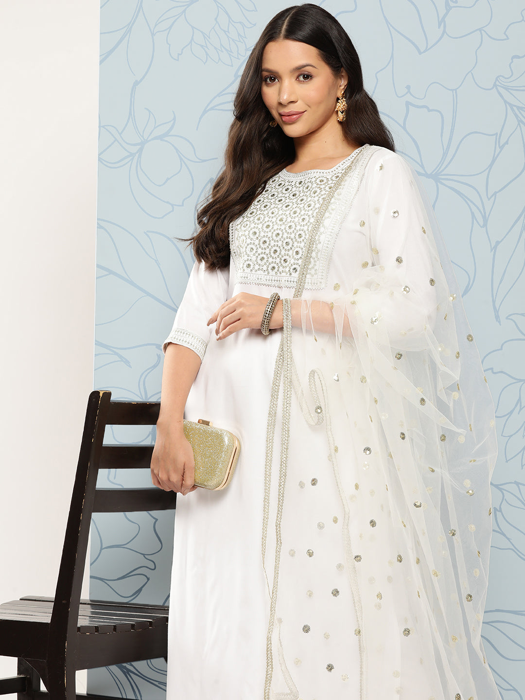 White Embroidered Straight Kurta With Palazzo And Net Dupatta