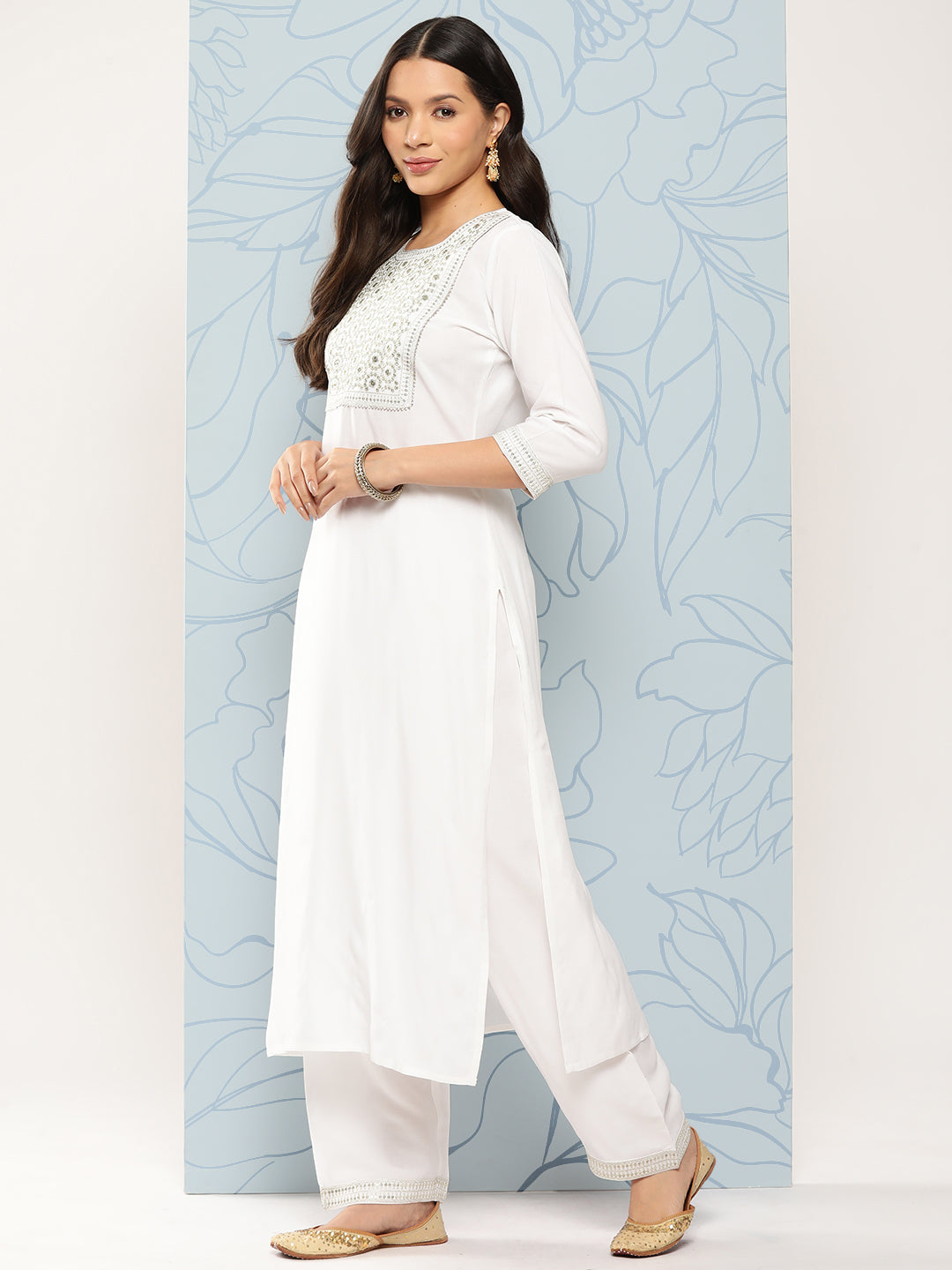 White Embroidered Straight Kurta With Palazzo And Net Dupatta