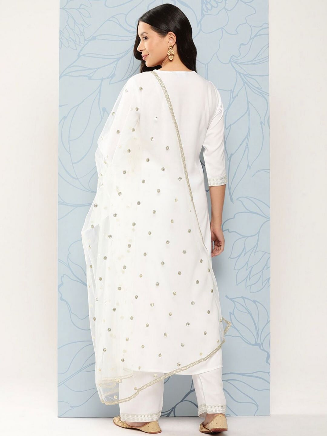 White Embroidered Straight Kurta With Palazzo And Net Dupatta