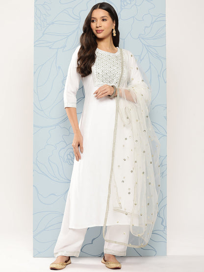 White Embroidered Straight Kurta With Palazzo And Net Dupatta